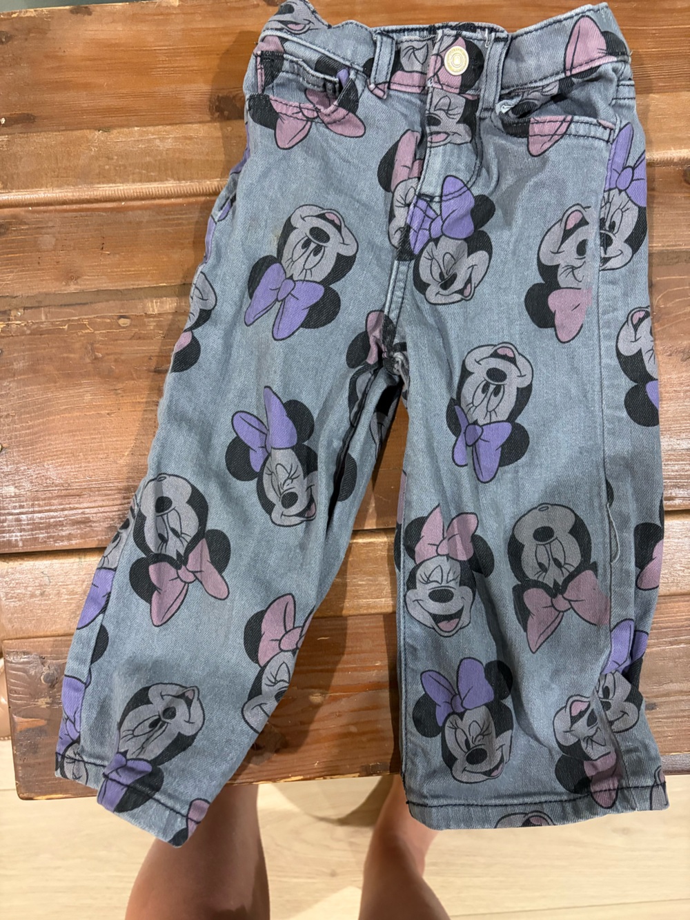 Disney Light Gray Denim-Style Minnie Print Pants with Pink Accents